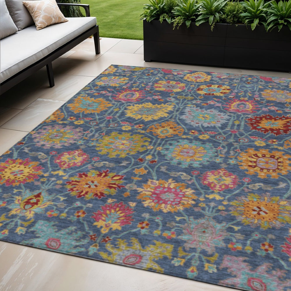 HomeRoots 5' X 8' Elegant Navy Blue Gold Pink Damask Area Rug – Washable, Durable, Indoor/Outdoor Versatility! 657842