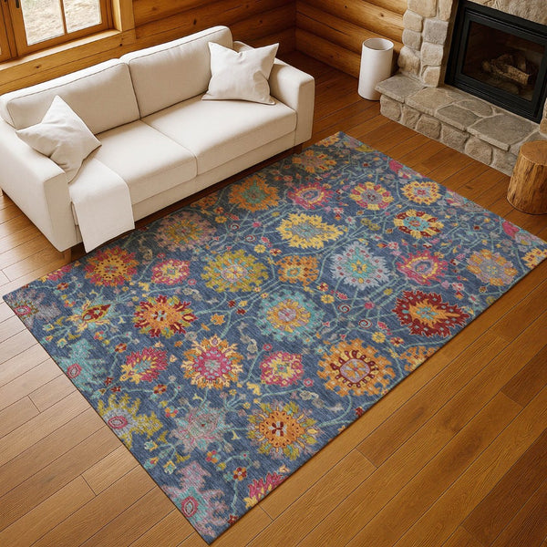HomeRoots 5' X 8' Elegant Navy Blue Gold Pink Damask Area Rug – Washable, Durable, Indoor/Outdoor Versatility! 657842