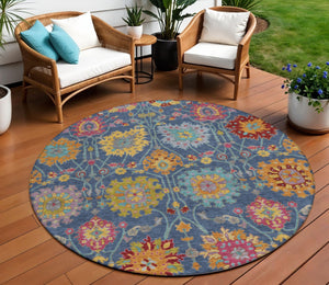 HomeRoots 8' Stylish Navy Blue, Gold & Pink Round Damask Rug - Washable, Durable for Indoor & Outdoor Spaces 657843