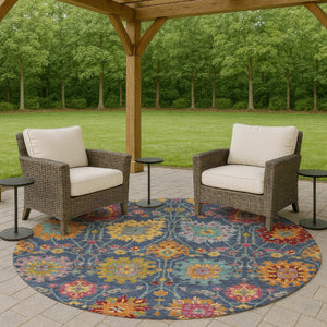 HomeRoots 8' Stylish Navy Blue, Gold & Pink Round Damask Rug - Washable, Durable for Indoor & Outdoor Spaces 657843