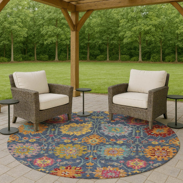 HomeRoots 8' Stylish Navy Blue, Gold & Pink Round Damask Rug - Washable, Durable for Indoor & Outdoor Spaces 657843