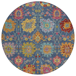 HomeRoots 8' Stylish Navy Blue, Gold & Pink Round Damask Rug - Washable, Durable for Indoor & Outdoor Spaces 657843
