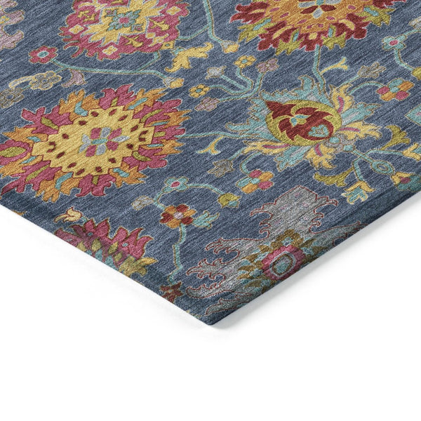 HomeRoots 8' Stylish Navy Blue, Gold & Pink Round Damask Rug - Washable, Durable for Indoor & Outdoor Spaces 657843