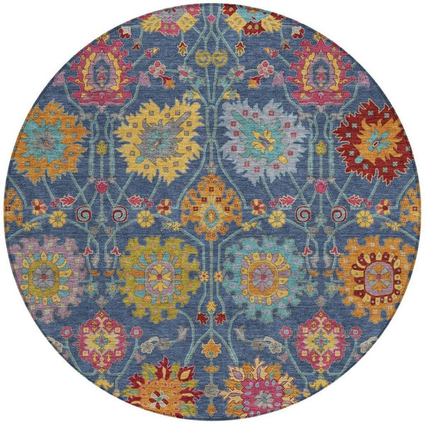 HomeRoots 8' Stylish Navy Blue, Gold & Pink Round Damask Rug - Washable, Durable for Indoor & Outdoor Spaces 657843