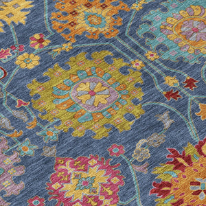 HomeRoots 8' Stylish Navy Blue, Gold & Pink Round Damask Rug - Washable, Durable for Indoor & Outdoor Spaces 657843