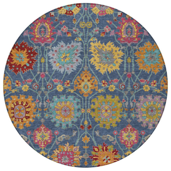 HomeRoots 8' Stylish Navy Blue, Gold & Pink Round Damask Rug - Washable, Durable for Indoor & Outdoor Spaces 657843