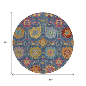 HomeRoots 8' Stylish Navy Blue, Gold & Pink Round Damask Rug - Washable, Durable for Indoor & Outdoor Spaces 657843