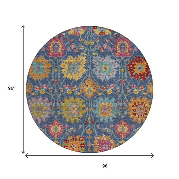HomeRoots 8' Stylish Navy Blue, Gold & Pink Round Damask Rug - Washable, Durable for Indoor & Outdoor Spaces 657843