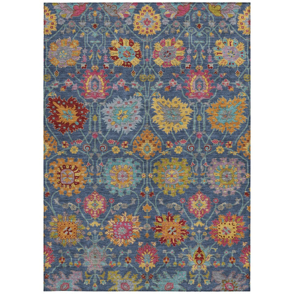 HomeRoots 9' X 12' Navy Blue Gold Pink Damask Rug - Washable Indoor/Outdoor Area Rug for Elegant Spaces 657845