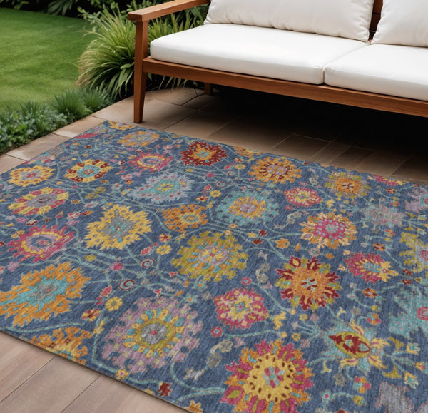 HomeRoots 9' X 12' Navy Blue Gold Pink Damask Rug - Washable Indoor/Outdoor Area Rug for Elegant Spaces 657845