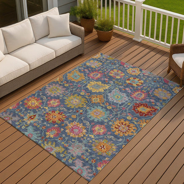 HomeRoots 9' X 12' Navy Blue Gold Pink Damask Rug - Washable Indoor/Outdoor Area Rug for Elegant Spaces 657845