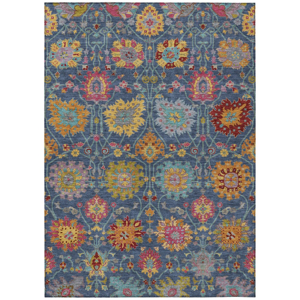 HomeRoots 9' X 12' Navy Blue Gold Pink Damask Rug - Washable Indoor/Outdoor Area Rug for Elegant Spaces 657845