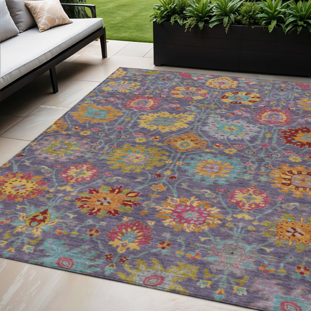 HomeRoots 5' X 8' Elegant Purple, Gold & Pink Damask Rug – Durable, Washable for Indoor & Outdoor Spaces! 657848