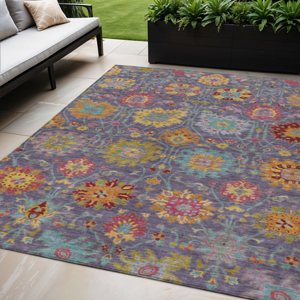 HomeRoots 5' X 8' Elegant Purple, Gold & Pink Damask Rug – Durable, Washable for Indoor & Outdoor Spaces! 657848