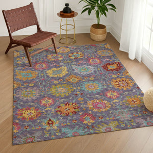 HomeRoots 5' X 8' Elegant Purple, Gold & Pink Damask Rug – Durable, Washable for Indoor & Outdoor Spaces! 657848