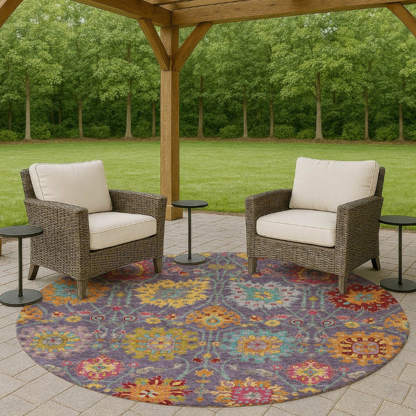 HomeRoots 8' Round Damask Area Rug in Purple, Gold & Pink – Washable, Durable, Stain-Resistant for Indoors & Outdoors 657849