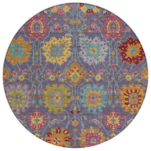 HomeRoots 8' Round Damask Area Rug in Purple, Gold & Pink – Washable, Durable, Stain-Resistant for Indoors & Outdoors 657849