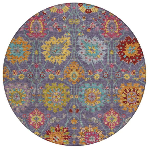 HomeRoots 8' Round Damask Area Rug in Purple, Gold & Pink – Washable, Durable, Stain-Resistant for Indoors & Outdoors 657849