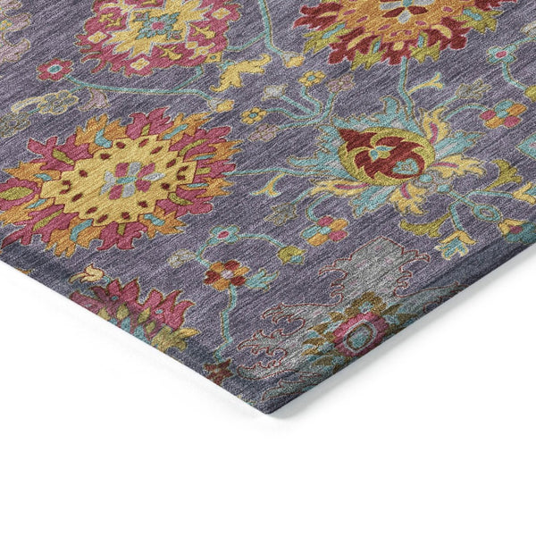 HomeRoots 8' Round Damask Area Rug in Purple, Gold & Pink – Washable, Durable, Stain-Resistant for Indoors & Outdoors 657849