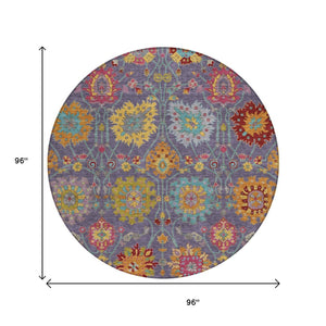HomeRoots 8' Round Damask Area Rug in Purple, Gold & Pink – Washable, Durable, Stain-Resistant for Indoors & Outdoors 657849