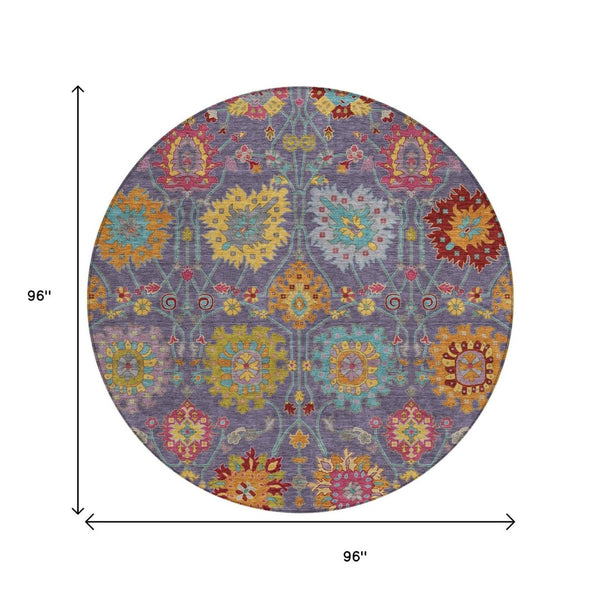 HomeRoots 8' Round Damask Area Rug in Purple, Gold & Pink – Washable, Durable, Stain-Resistant for Indoors & Outdoors 657849