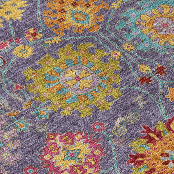 HomeRoots 8' Round Damask Area Rug in Purple, Gold & Pink – Washable, Durable, Stain-Resistant for Indoors & Outdoors 657849