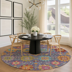 HomeRoots 8' Round Damask Area Rug in Purple, Gold & Pink – Washable, Durable, Stain-Resistant for Indoors & Outdoors 657849