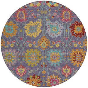 HomeRoots 8' Round Damask Area Rug in Purple, Gold & Pink – Washable, Durable, Stain-Resistant for Indoors & Outdoors 657849