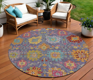 HomeRoots 8' Round Damask Area Rug in Purple, Gold & Pink – Washable, Durable, Stain-Resistant for Indoors & Outdoors 657849