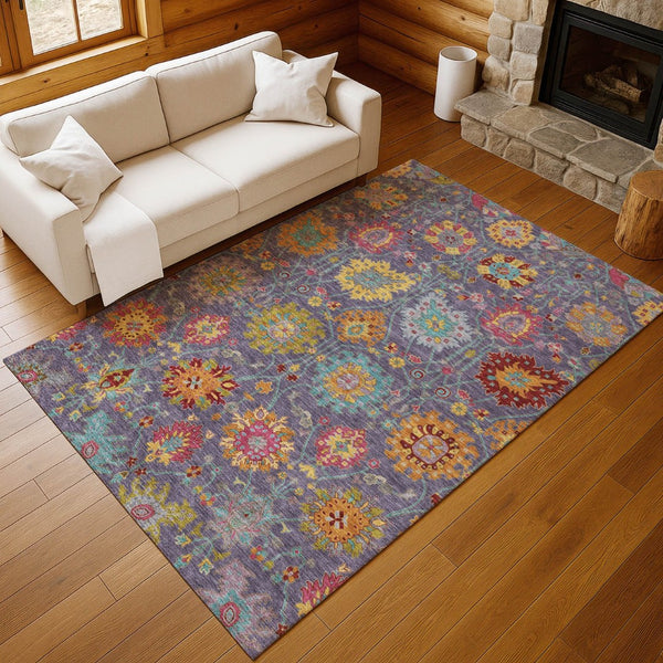 HomeRoots 8' X 10' Washable Purple Gold Pink Damask Area Rug - Durable, Stain-Resistant for Indoor/Outdoor Use 657850