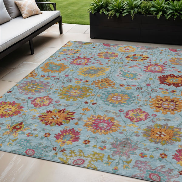 HomeRoots 5' Sky Blue, Gold & Pink Damask Indoor/Outdoor Area Rug – Washable, Durable & Elegant for Any Space 657854