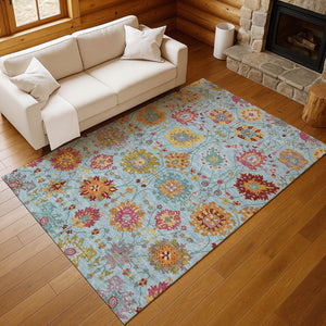 HomeRoots 5' Sky Blue, Gold & Pink Damask Indoor/Outdoor Area Rug – Washable, Durable & Elegant for Any Space 657854