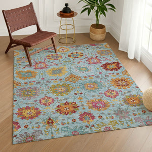 HomeRoots 5' Sky Blue, Gold & Pink Damask Indoor/Outdoor Area Rug – Washable, Durable & Elegant for Any Space 657854