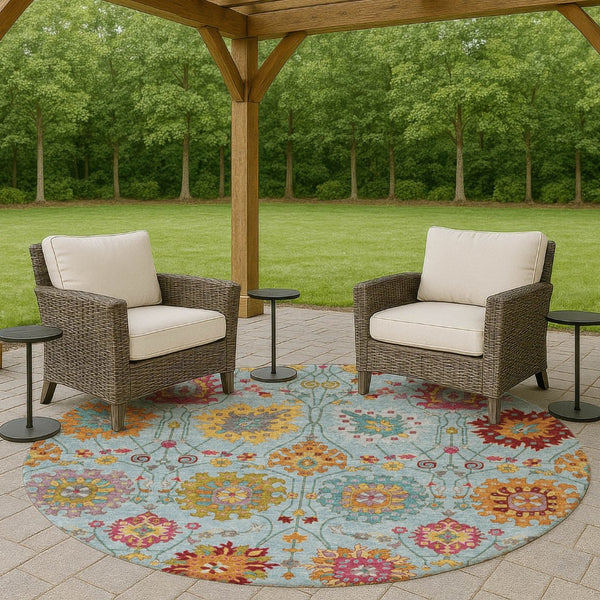 HomeRoots 8' Sky Blue Gold and Pink Round Damask Rug - Stylish, Washable, Durable for Indoor & Outdoor Spaces 657855