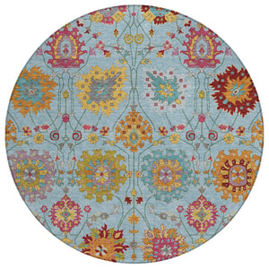 HomeRoots 8' Sky Blue Gold and Pink Round Damask Rug - Stylish, Washable, Durable for Indoor & Outdoor Spaces 657855