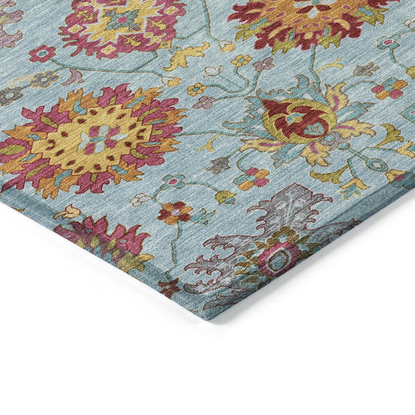 HomeRoots 8' Sky Blue Gold and Pink Round Damask Rug - Stylish, Washable, Durable for Indoor & Outdoor Spaces 657855