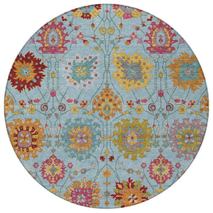 HomeRoots 8' Sky Blue Gold and Pink Round Damask Rug - Stylish, Washable, Durable for Indoor & Outdoor Spaces 657855
