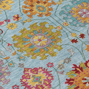 HomeRoots 8' Sky Blue Gold and Pink Round Damask Rug - Stylish, Washable, Durable for Indoor & Outdoor Spaces 657855