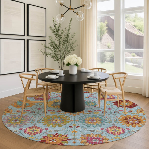 HomeRoots 8' Sky Blue Gold and Pink Round Damask Rug - Stylish, Washable, Durable for Indoor & Outdoor Spaces 657855