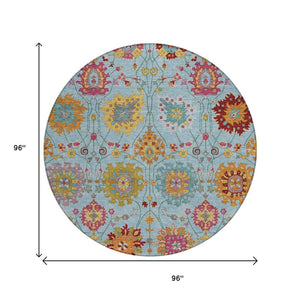 HomeRoots 8' Sky Blue Gold and Pink Round Damask Rug - Stylish, Washable, Durable for Indoor & Outdoor Spaces 657855