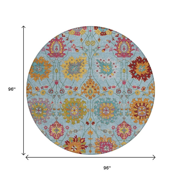 HomeRoots 8' Sky Blue Gold and Pink Round Damask Rug - Stylish, Washable, Durable for Indoor & Outdoor Spaces 657855
