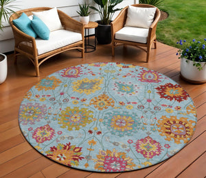 HomeRoots 8' Sky Blue Gold and Pink Round Damask Rug - Stylish, Washable, Durable for Indoor & Outdoor Spaces 657855