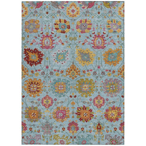 HomeRoots 8' X 10' Sky Blue Gold And Pink Damask Rug – Elegant Washable Area Rug for Indoor & Outdoor Use 657856