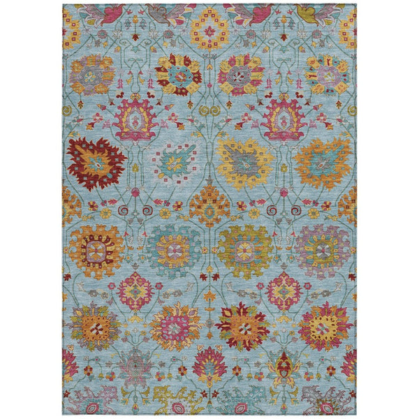 HomeRoots 8' X 10' Sky Blue Gold And Pink Damask Rug – Elegant Washable Area Rug for Indoor & Outdoor Use 657856