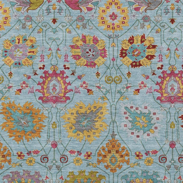 HomeRoots 8' X 10' Sky Blue Gold And Pink Damask Rug – Elegant Washable Area Rug for Indoor & Outdoor Use 657856