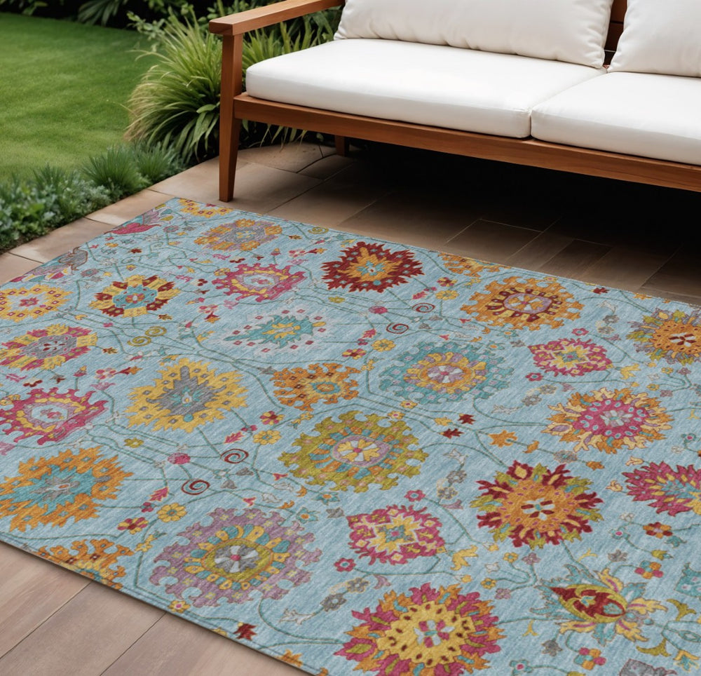 HomeRoots 9' Sky Blue and Pink Damask Area Rug – Elegant, Washable, Durable for Indoor & Outdoor Spaces! 657857