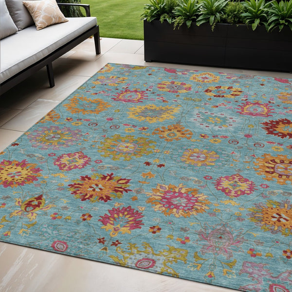 HomeRoots 5' Teal Blue Gold Pink Damask Washable Area Rug – Elegant Indoor Outdoor Design for Any Space 657860