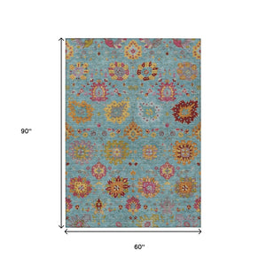 HomeRoots 5' Teal Blue Gold Pink Damask Washable Area Rug – Elegant Indoor Outdoor Design for Any Space 657860