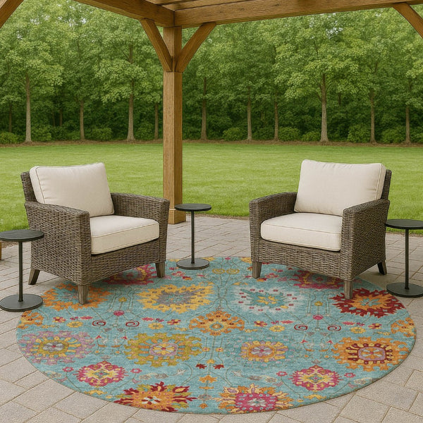 HomeRoots 8' Teal Blue, Gold & Pink Round Damask Area Rug - Washable, Durable, Stylish for Indoor & Outdoor Use 657861