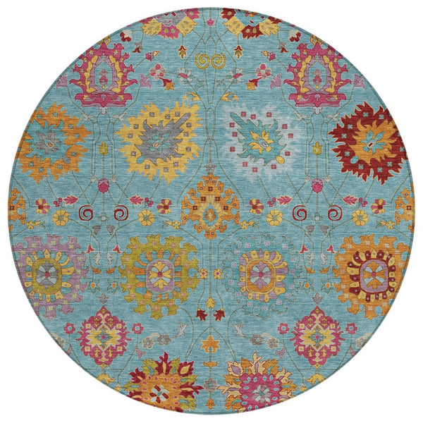 HomeRoots 8' Teal Blue, Gold & Pink Round Damask Area Rug - Washable, Durable, Stylish for Indoor & Outdoor Use 657861